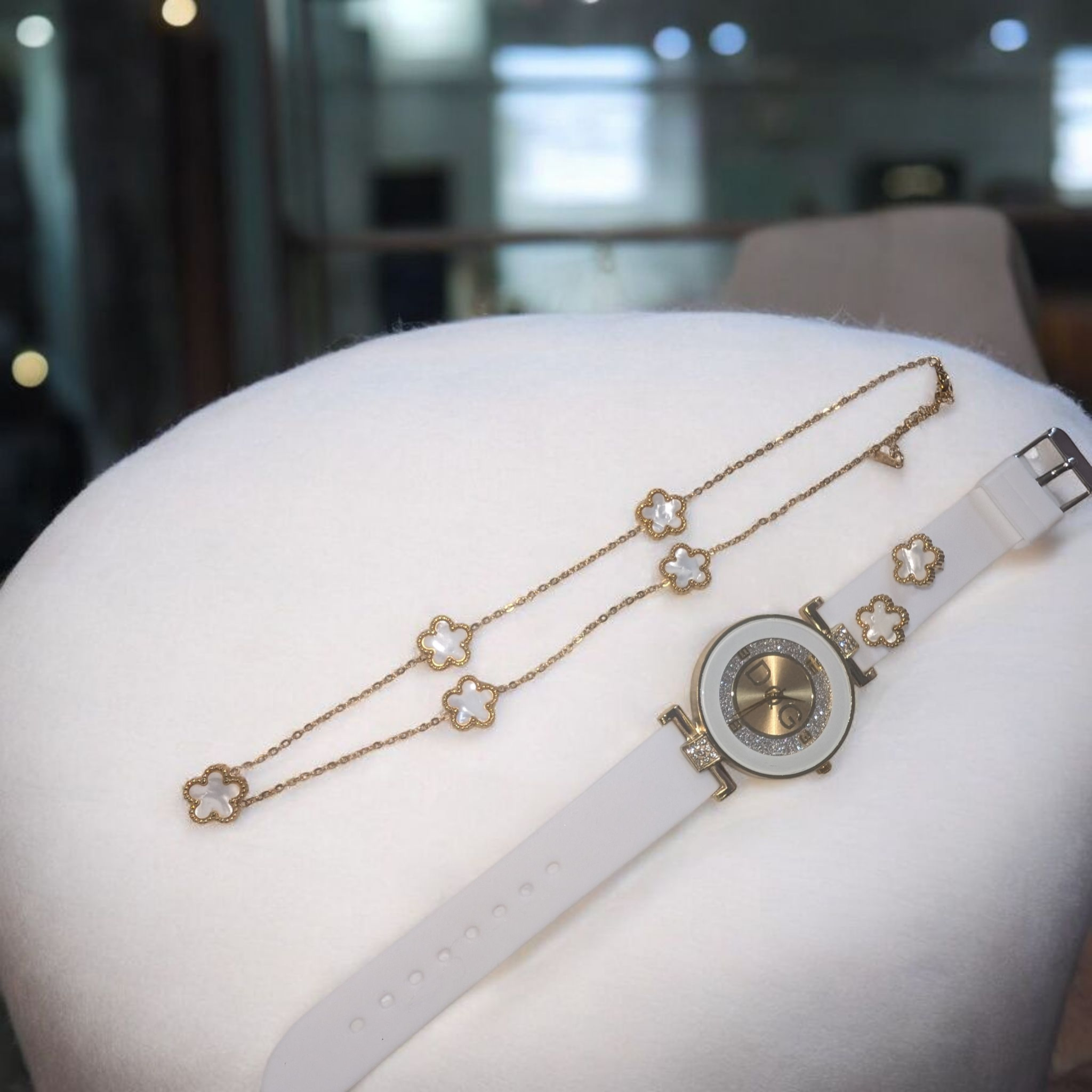 White and Gold Fashion Watch Necklace and Earring Set Beautiful Girl Boutique