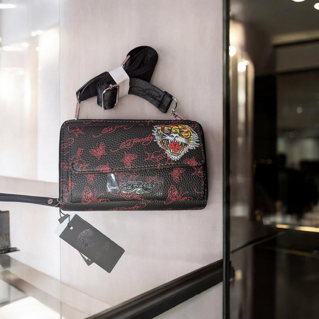 Ed Hardy Tiger Crossbody Bag - Black Signature Print Beautiful Girl Boutique