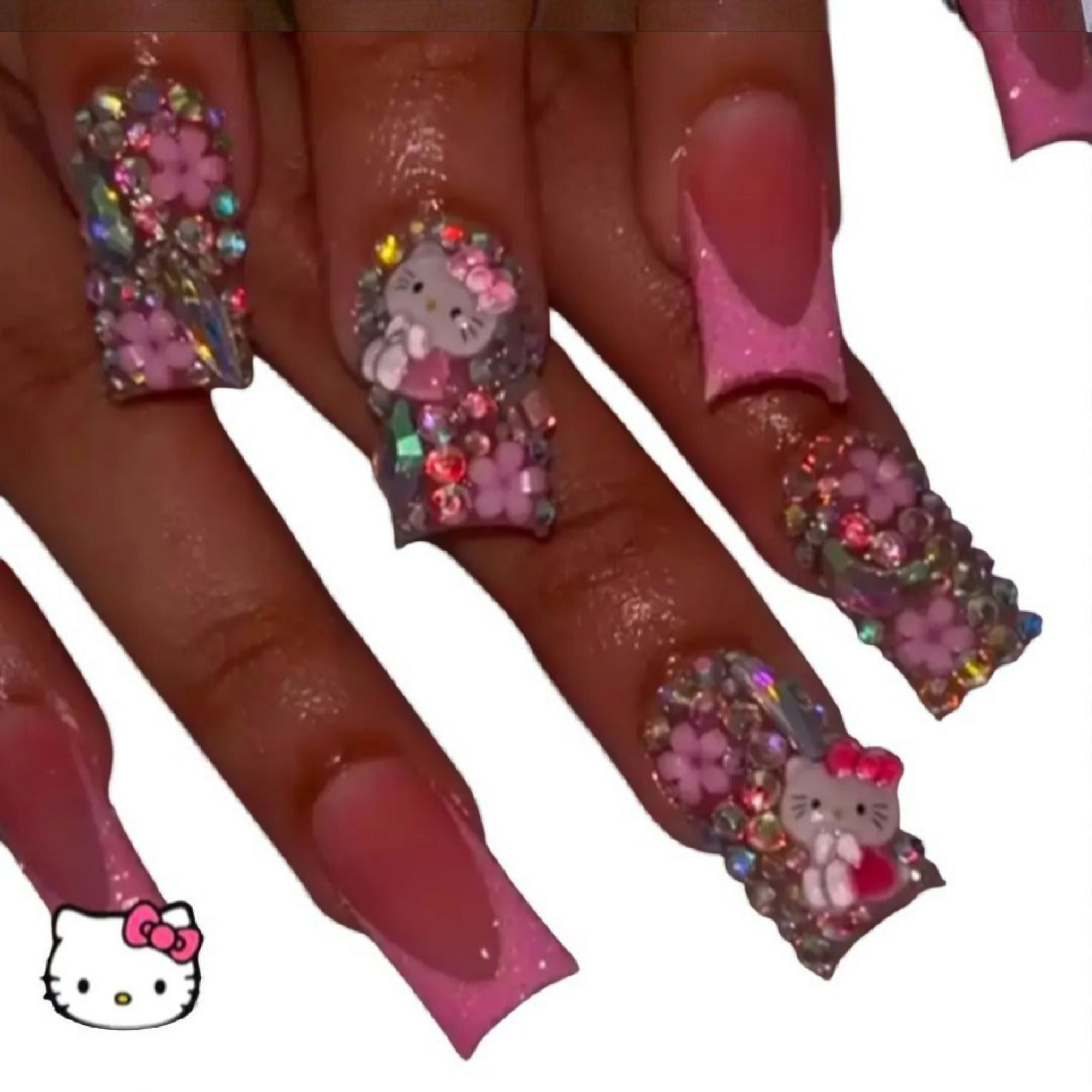 Hello Kitty Press-On Nail Kit - 24 Pc. Set with Duck Nail Design & Embellished Rhinestones Beautiful Girl Boutique