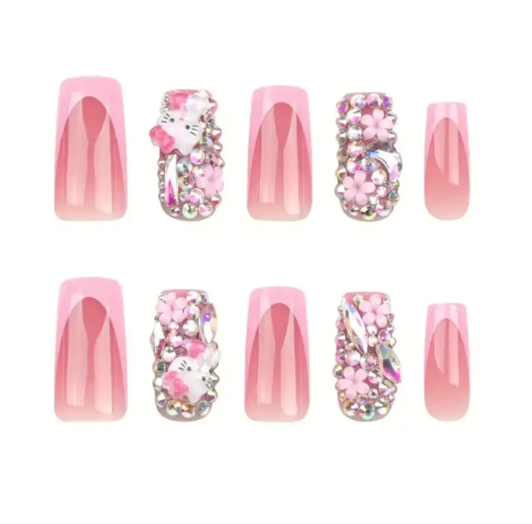 Hello Kitty Press-On Nail Kit - 24 Pc. Set with Duck Nail Design & Embellished Rhinestones Beautiful Girl Boutique