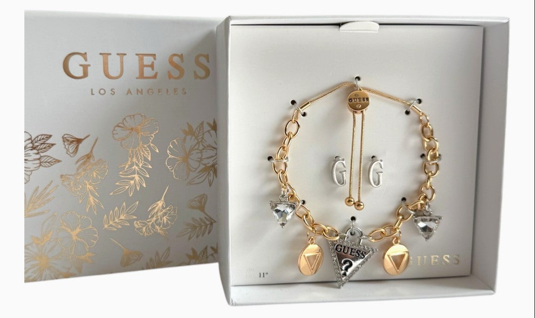 Charming Guess Gold and Silver Tone Charm Bracelet and Earrings Set Beautiful Girl Boutique