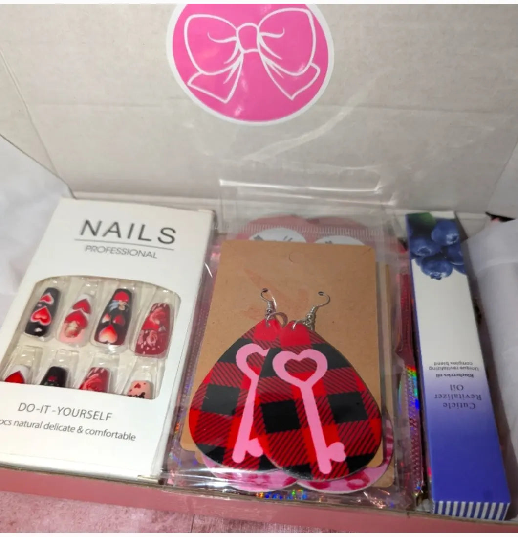 I Love You Nails & 3pr Vegan Leather Earrings Gift Box Beautiful Girl Boutique