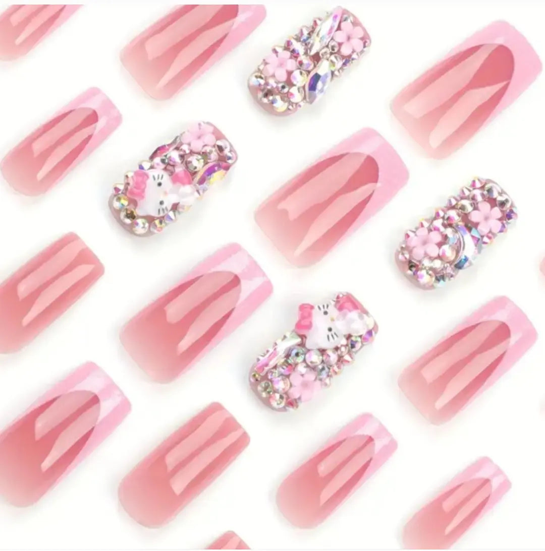 Hello Kitty Press-On Nail Kit - 24 Pc. Set with Duck Nail Design & Embellished Rhinestones Beautiful Girl Boutique